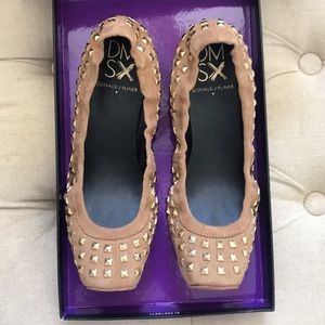 Donald J Pliner gold studded camel suede flats